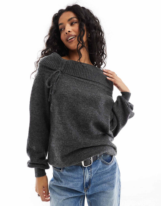 Knitted Bardot Ruched Detail Jumper