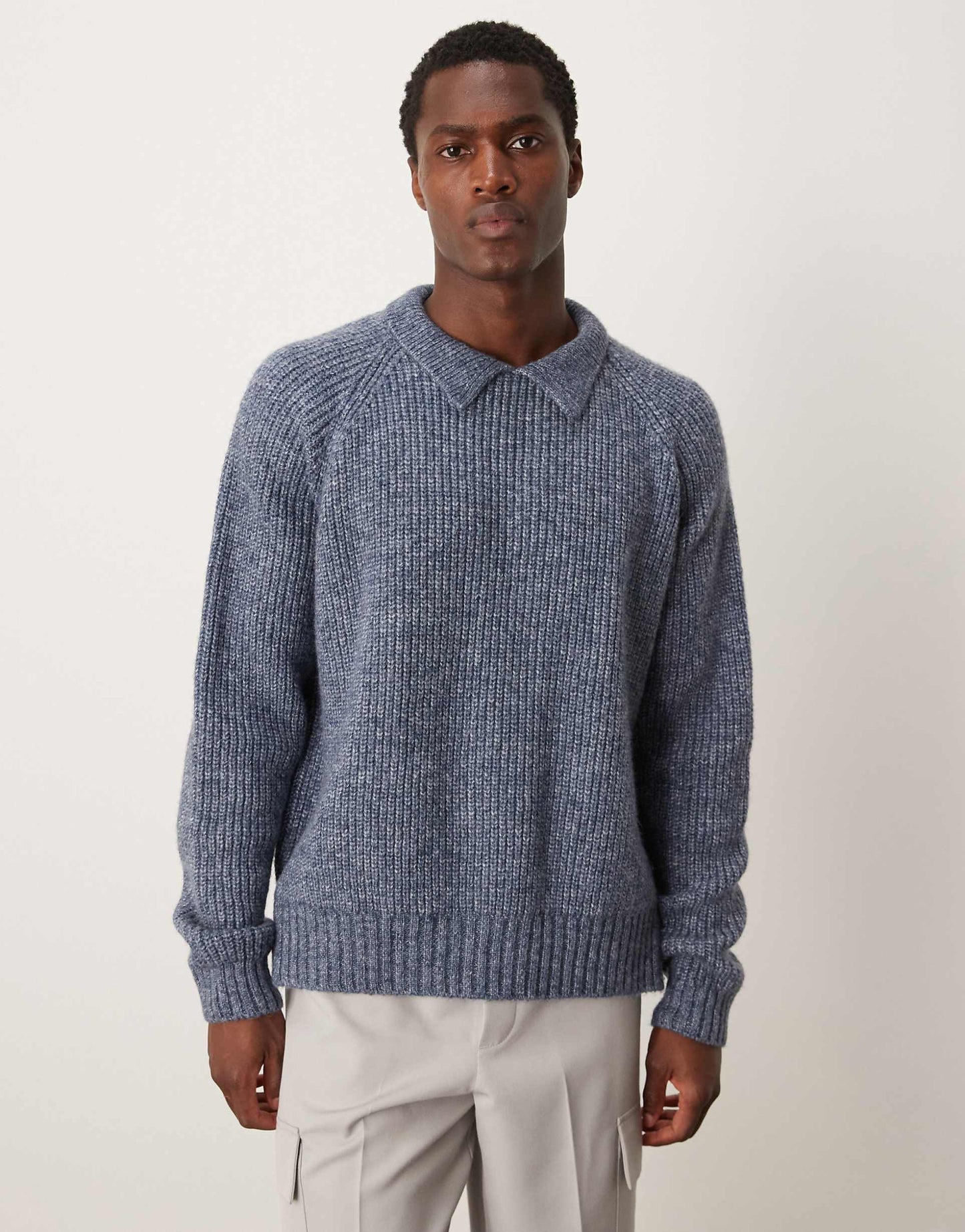 Oversized Boxy Fit Heavyweight Knitted Wool Mix Cable Jumper With Collar