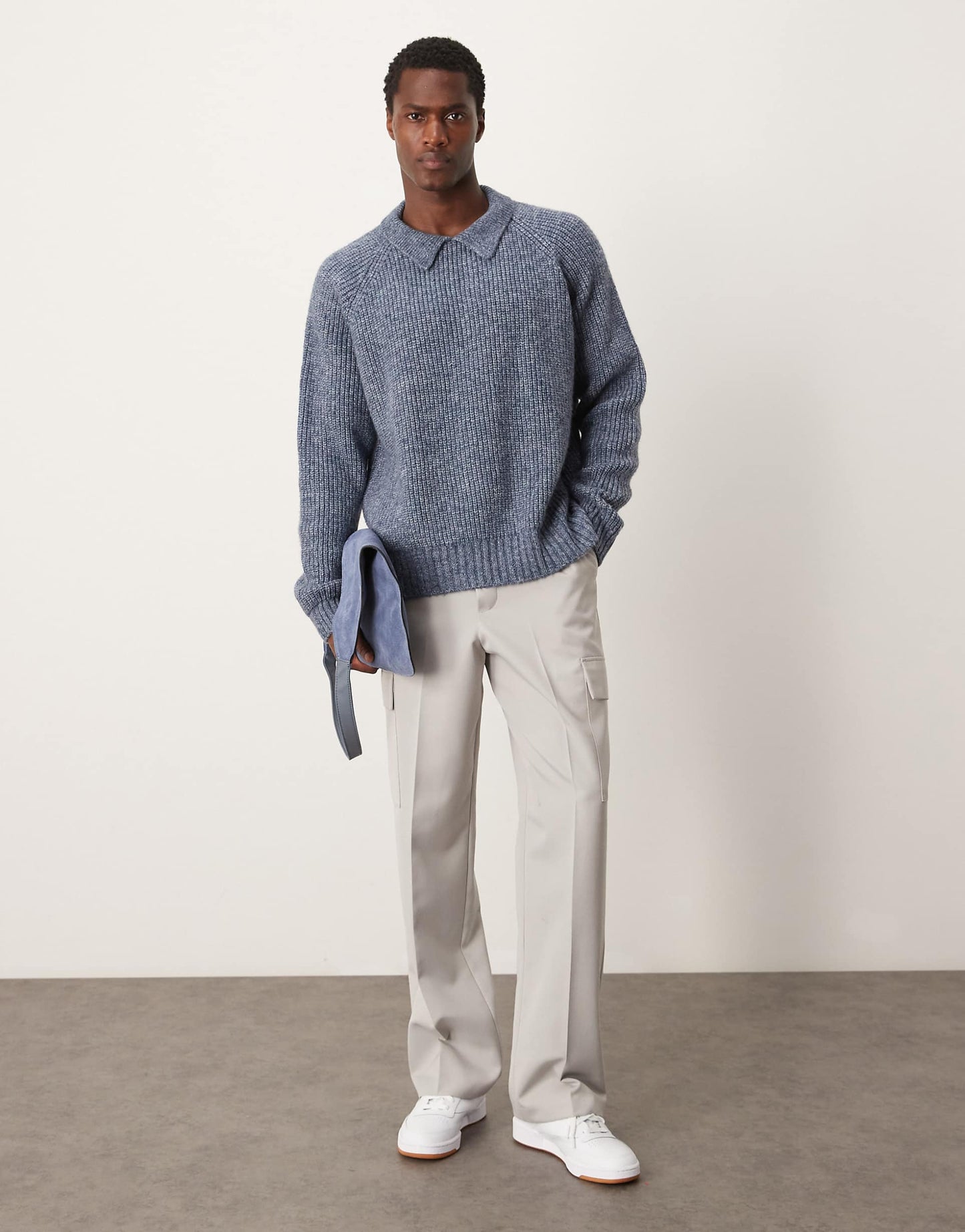 Oversized Boxy Fit Heavyweight Knitted Wool Mix Cable Jumper With Collar