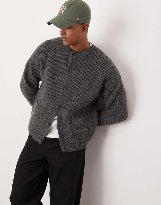 Relaxed Boxy Fit Heavyweight Knitted Wool Mix Crew Neck Cardigan