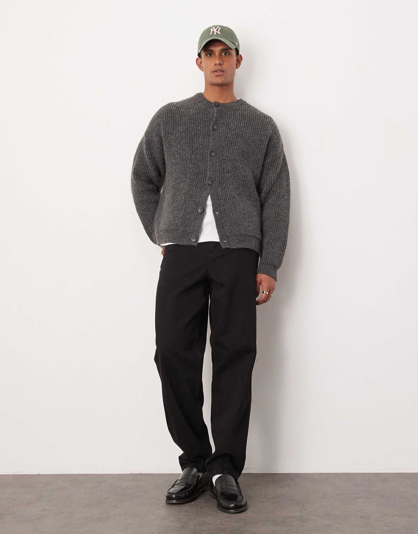 Relaxed Boxy Fit Heavyweight Knitted Wool Mix Crew Neck Cardigan
