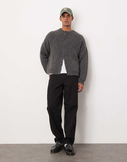 Relaxed Boxy Fit Heavyweight Knitted Wool Mix Crew Neck Cardigan