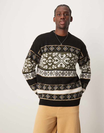 Relaxed Fluffy Knitted Crew Neck Jumper With Fairisle Pattern