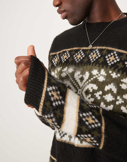 Relaxed Fluffy Knitted Crew Neck Jumper With Fairisle Pattern