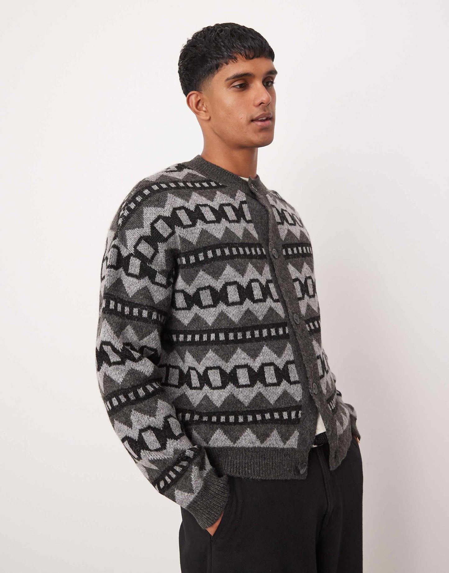 Relaxed Boxy Fit Cardigan With Fluffy Aztec Pattern