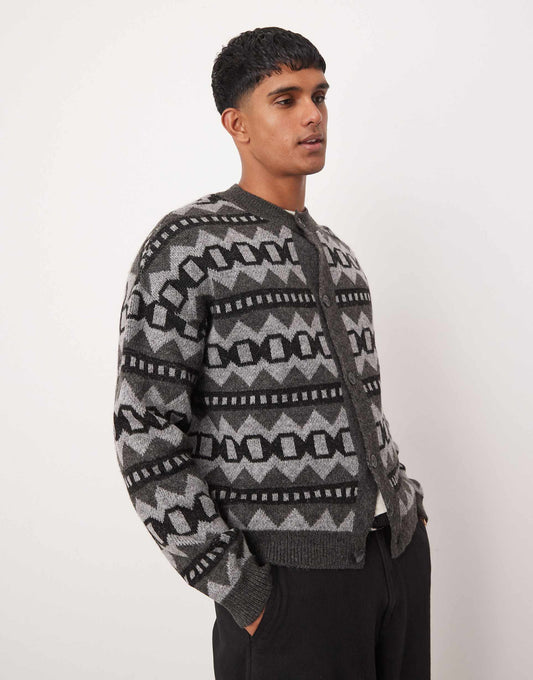 Relaxed Boxy Fit Cardigan With Fluffy Aztec Pattern