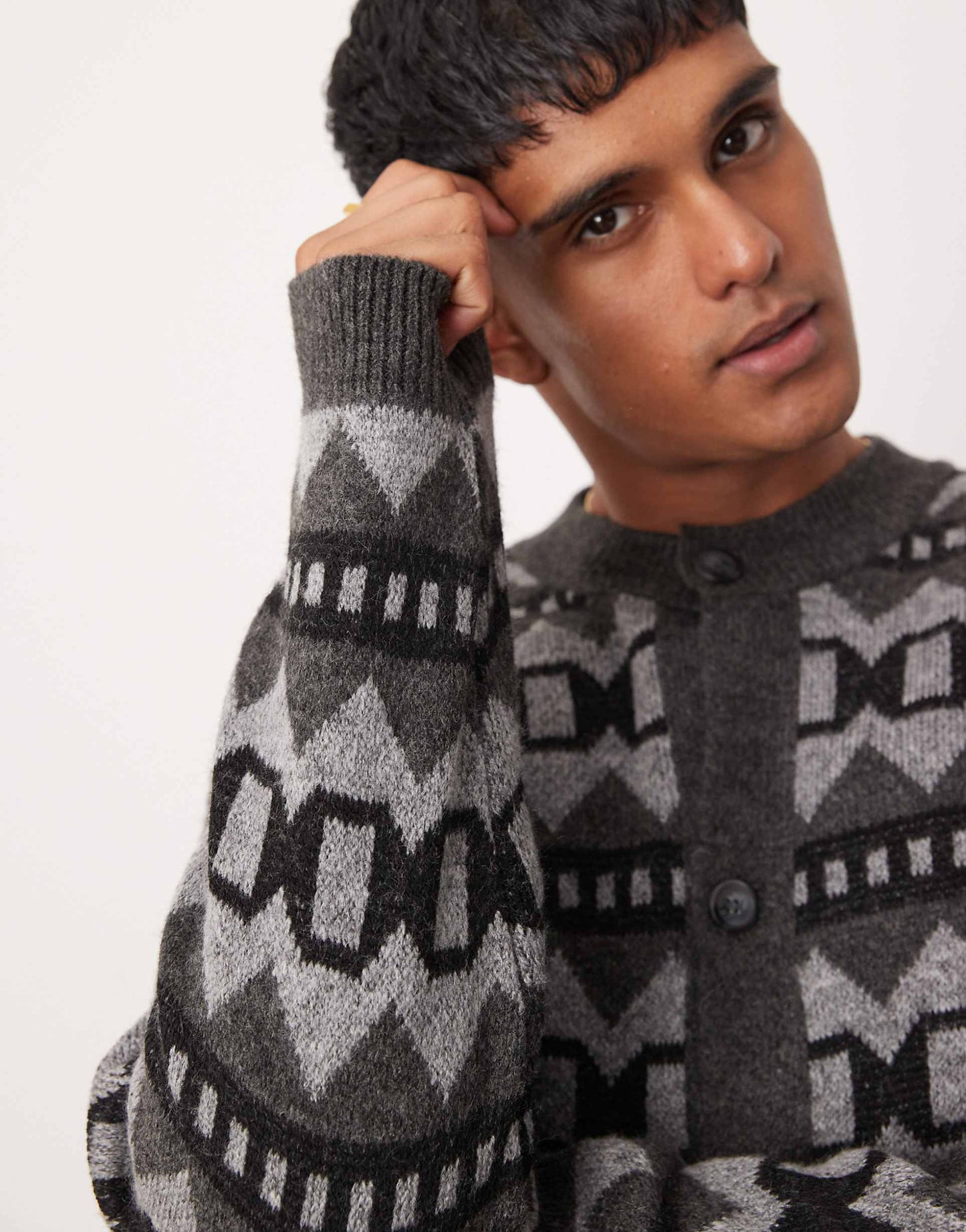 Relaxed Boxy Fit Cardigan With Fluffy Aztec Pattern