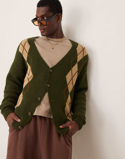 Relaxed Fluffy Knitted Cardigan With Argyle Pattern