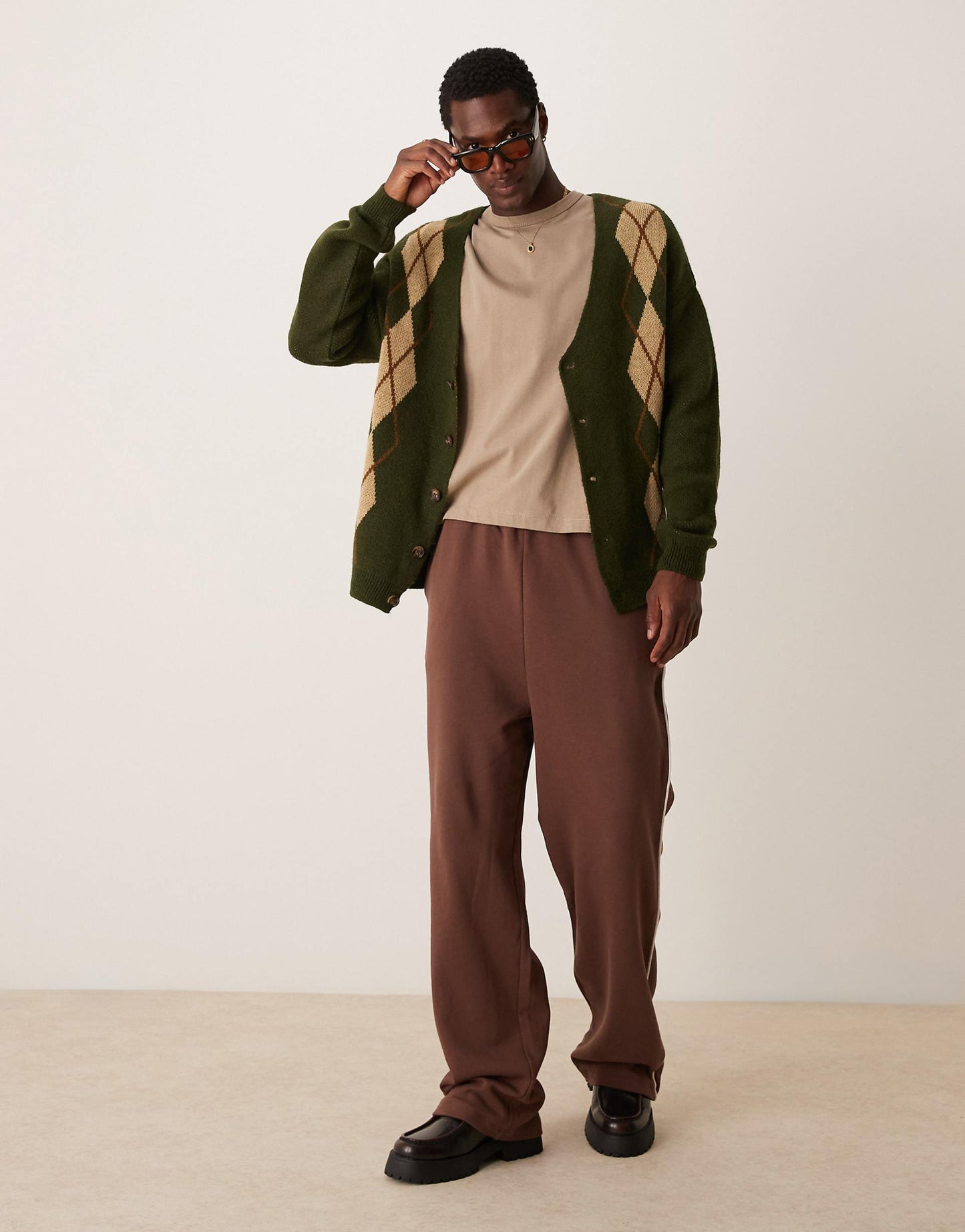 Relaxed Fluffy Knitted Cardigan With Argyle Pattern