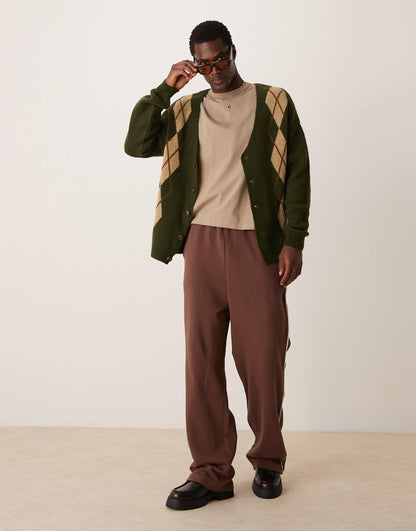 Relaxed Fluffy Knitted Cardigan With Argyle Pattern