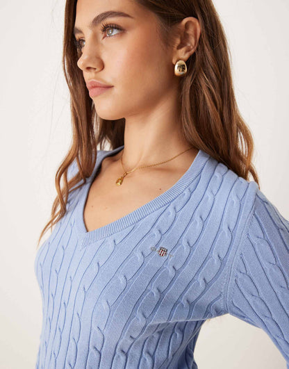 Cotton Cable Knit V-Neck Jumper With Logo