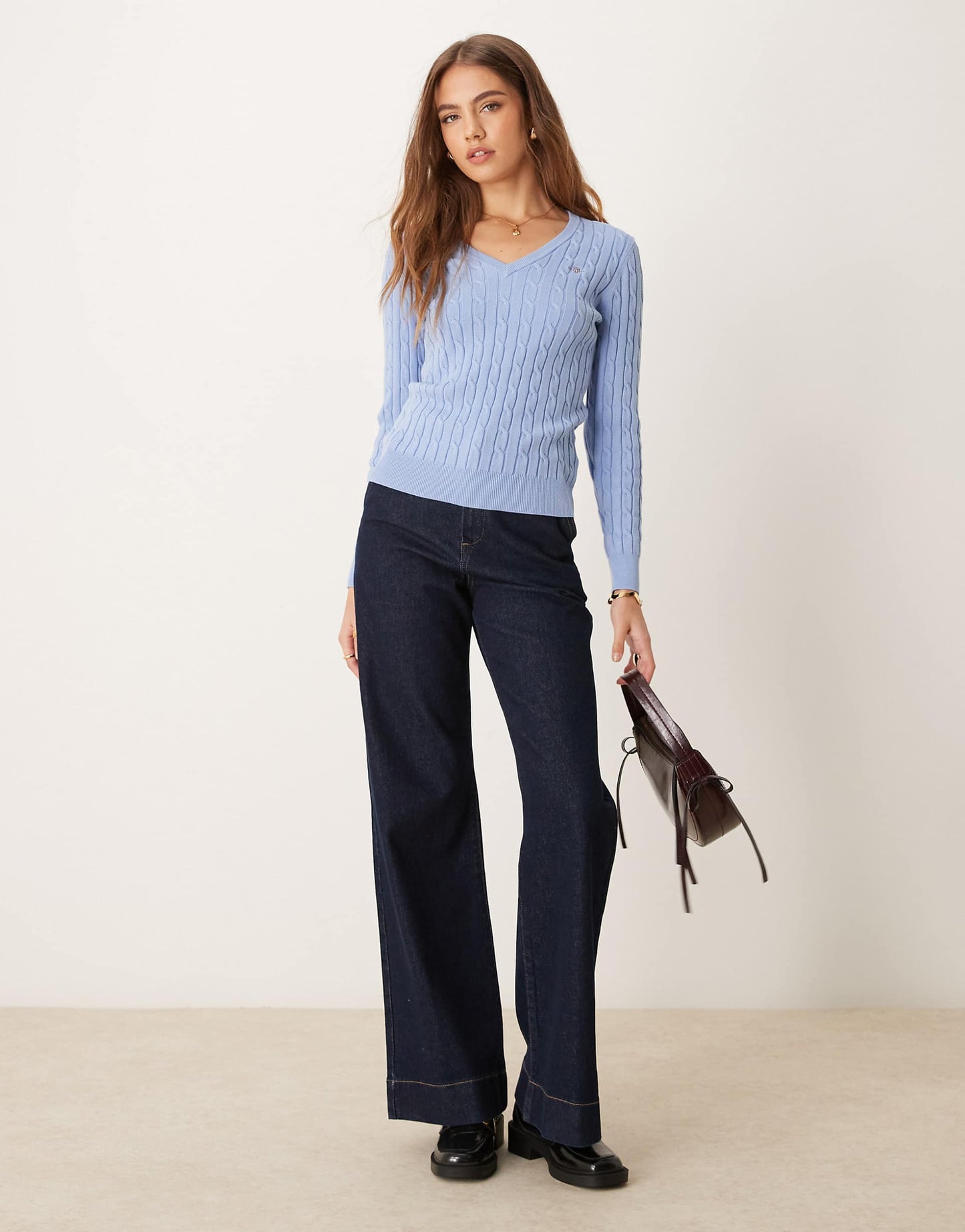 Cotton Cable Knit V-Neck Jumper With Logo