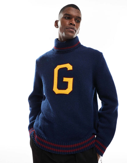 Turtle Neck Knit Jumper With Varsity Logo