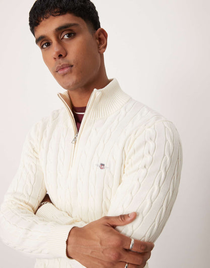 Cotton Cable Knit Half Zip Jumper With Logo