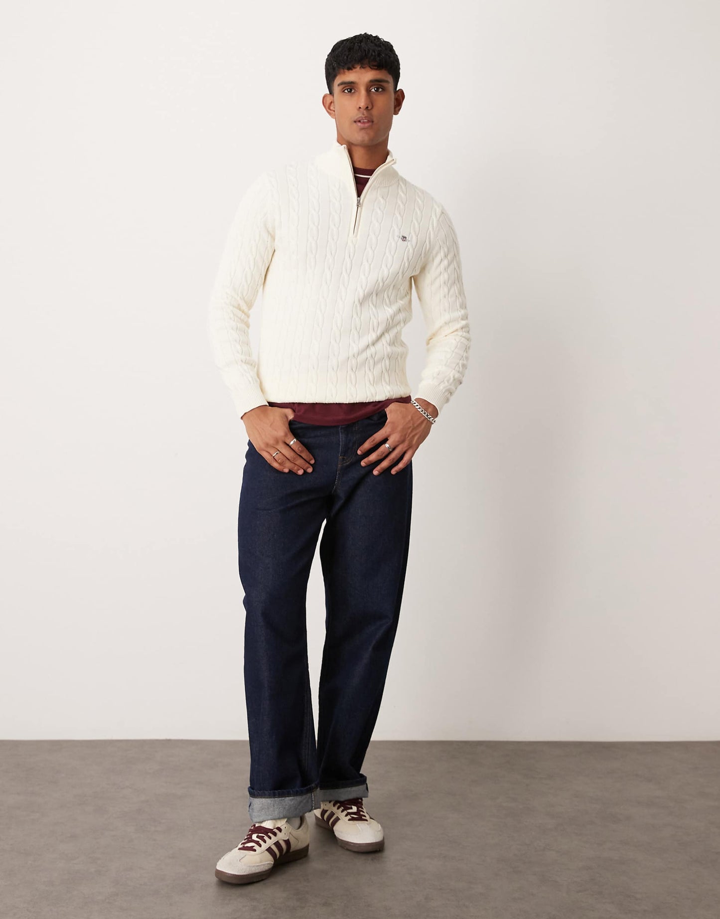 Cotton Cable Knit Half Zip Jumper With Logo