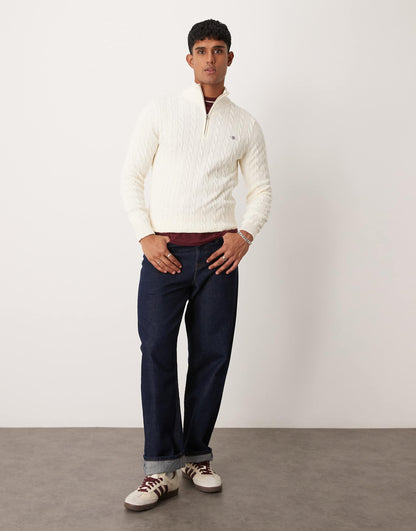 Cotton Cable Knit Half Zip Jumper With Logo