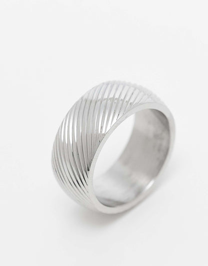 Waterproof Stainless Steel Band Ring With Diagonal Texture