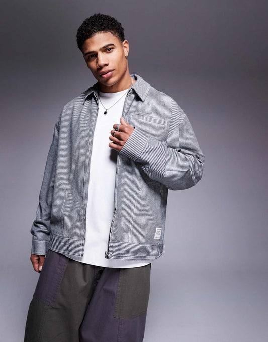 Oversized Black And White Stripe Harrington Jacket