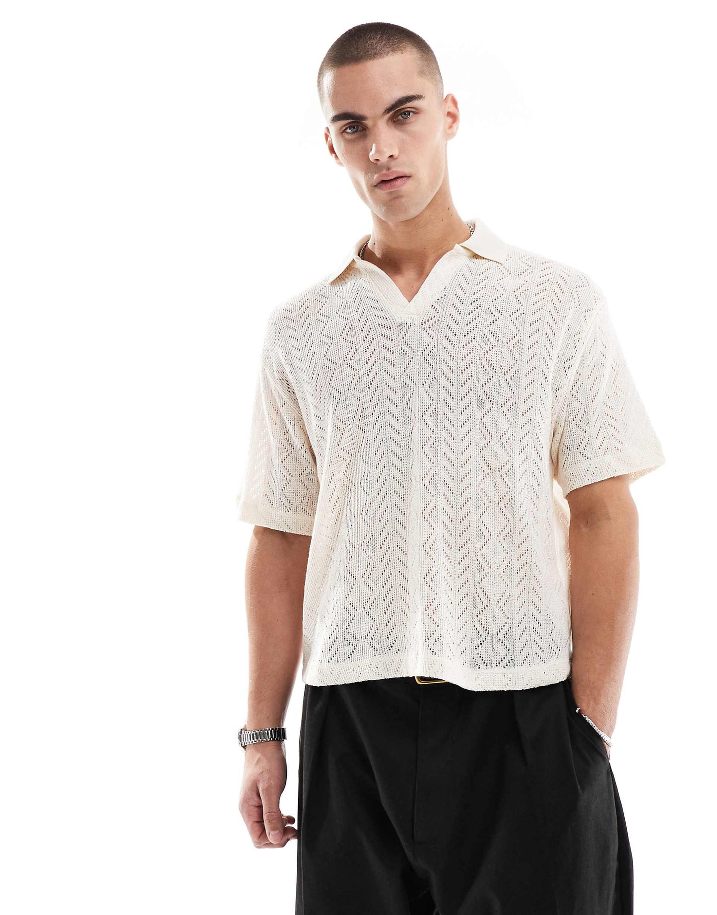 Relaxed Polo Shirt With Cable Knit Design