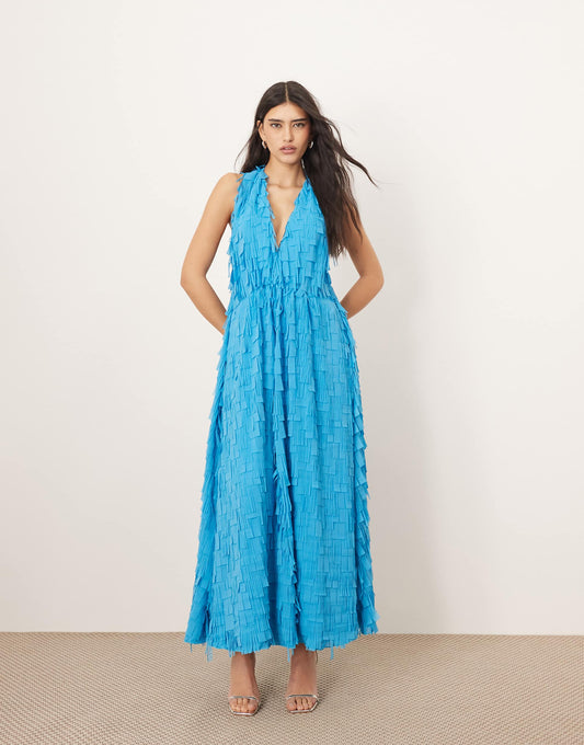 Textured Laser Cut Halterneck Trapeze Maxi Dress