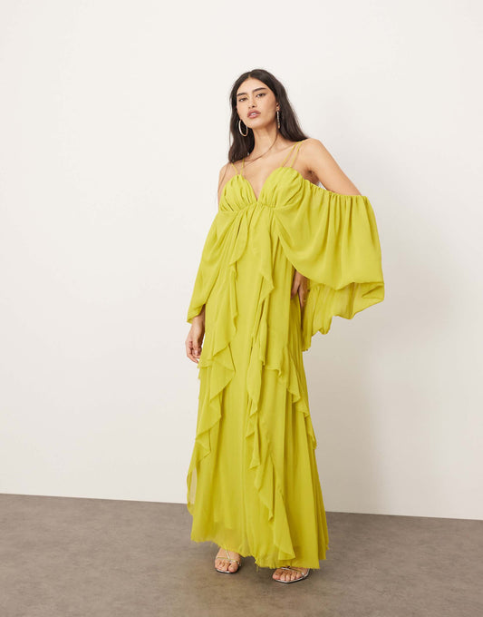 Cold Shoulder Ruffle Full Midi Dress