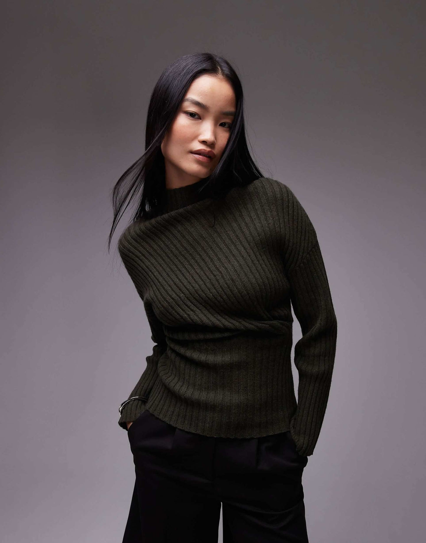 Knitted Rib Long Line Top With Twisted Drape Detail