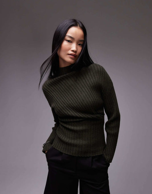 Knitted Rib Long Line Top With Twisted Drape Detail