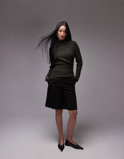 Knitted Rib Long Line Top With Twisted Drape Detail