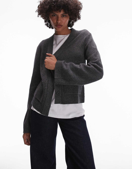 Textured Yarn Wool Cardigan With V-Neck And Front Pockets