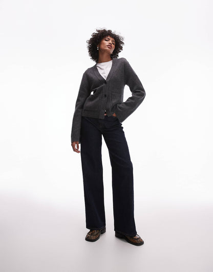 Textured Yarn Wool Cardigan With V-Neck And Front Pockets