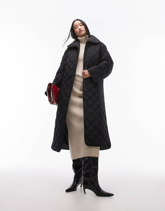 Down Quilted Oversized Midaxi Coat With High Neck And Split Sides