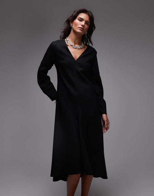 Wool Mix Maxi Dress With V-Neck And High Low Hem