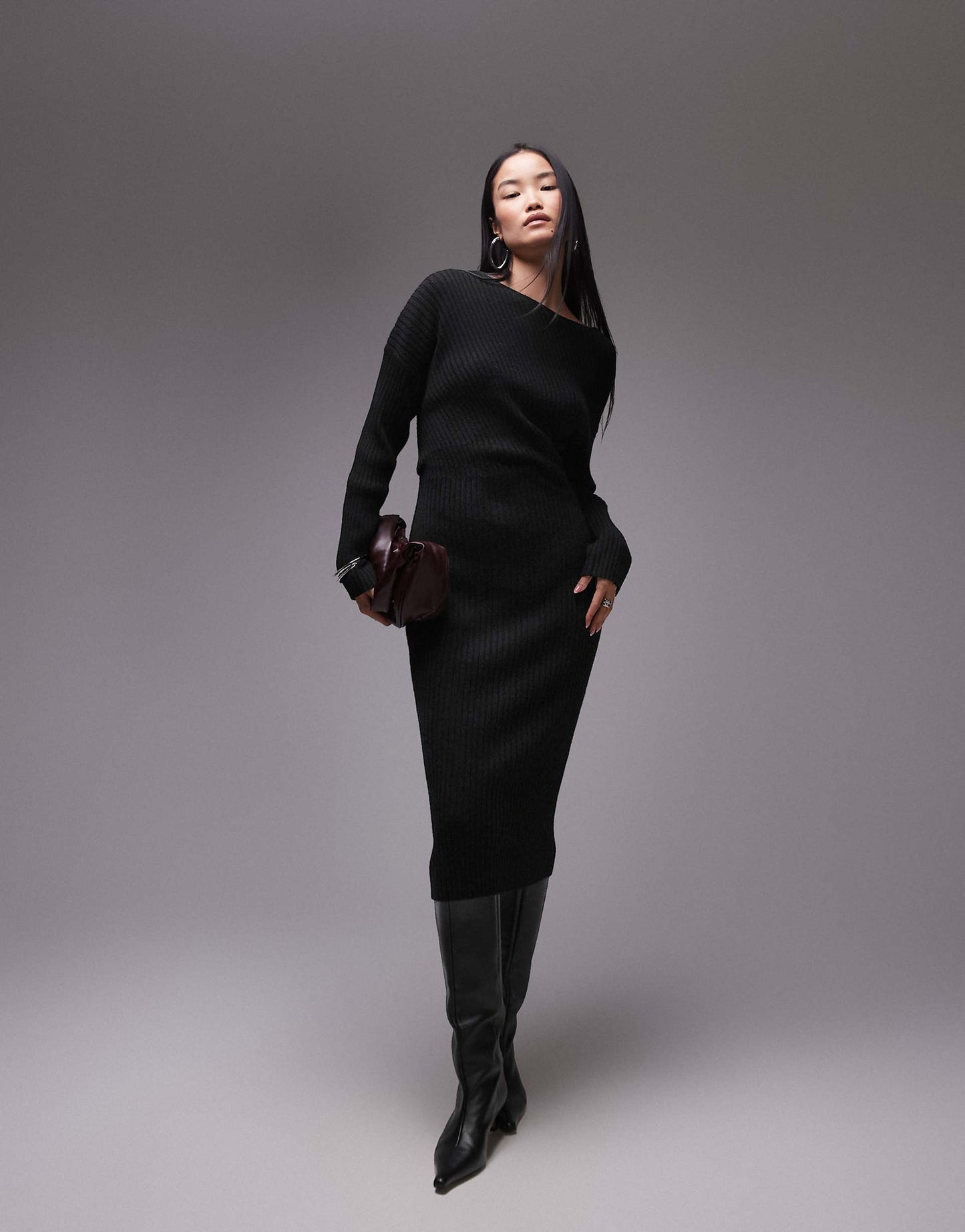 Knitted Rib Midaxi Dress With Twisted Drape Detail
