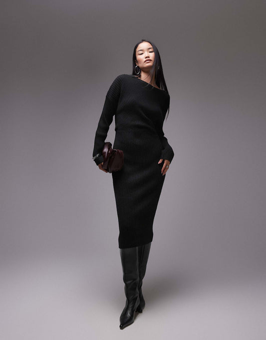 Knitted Rib Midaxi Dress With Twisted Drape Detail