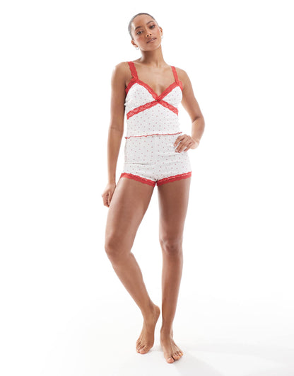 Exclusive Pointelle Red Lace Trim Pyjama Shorts Co-Ord