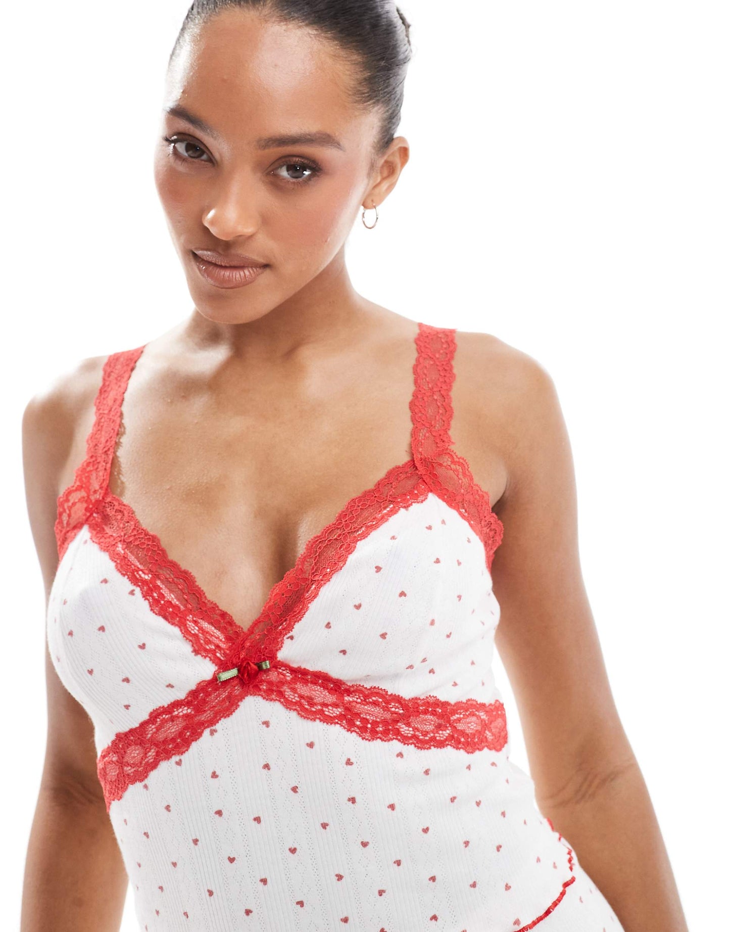 Exclusive Pointelle Red Lace Trim Cami Pyjama Top Co-Ord