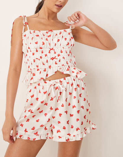 Exclusive Valentines Sadie Gathered Panel Satin Cami Pyjama Top With Frill Hem And Pyjama Shorts