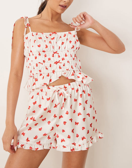 Exclusive Valentines Sadie Gathered Panel Satin Cami Pyjama Top With Frill Hem And Pyjama Shorts