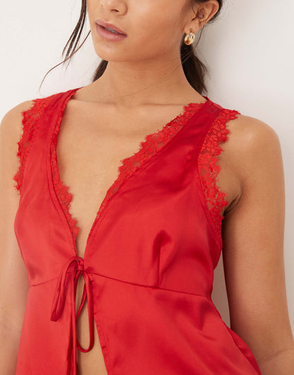 Exclusive Satin Open Tie Pyjama Top Co-Ord With Lace Trims