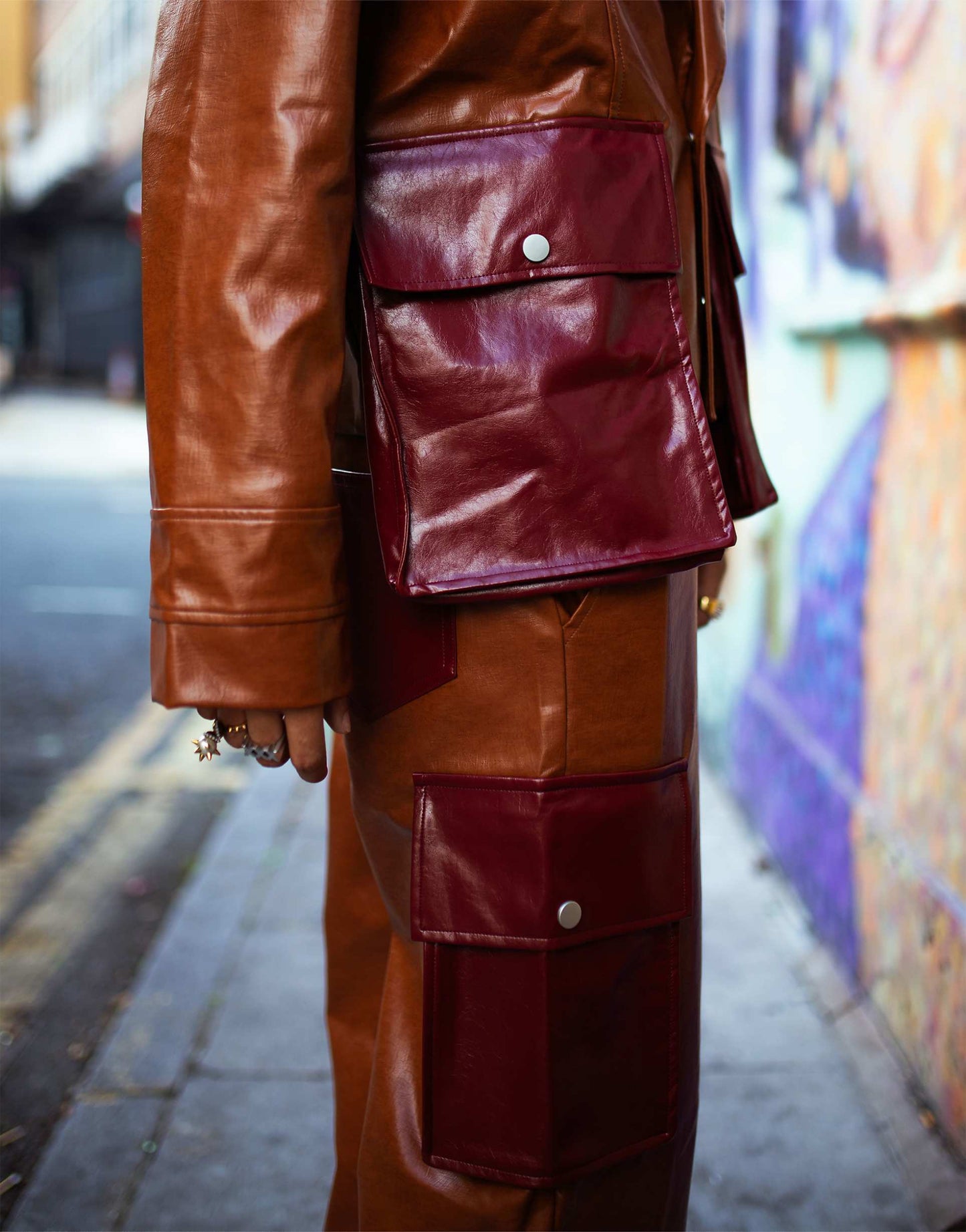 Faux Leather Crop Jacket With Contrast Dramatic Pockets