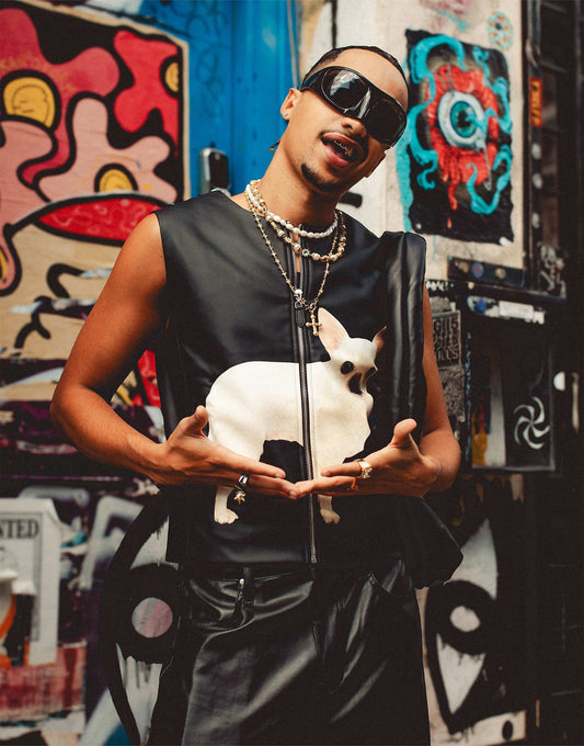 Zip Up Faux Leather Waistcoat With Dog Graphic