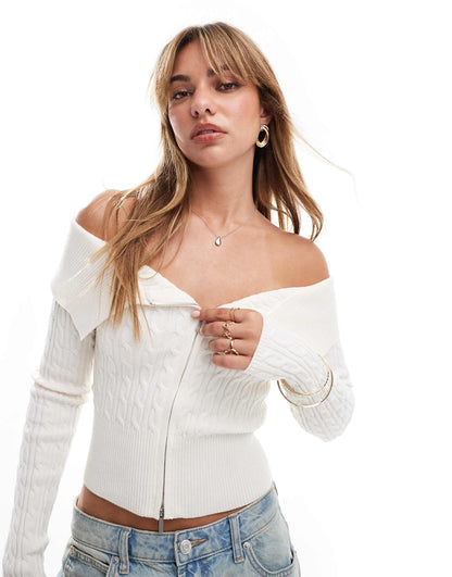 Bardot Zip Front Cable Knit Jumper