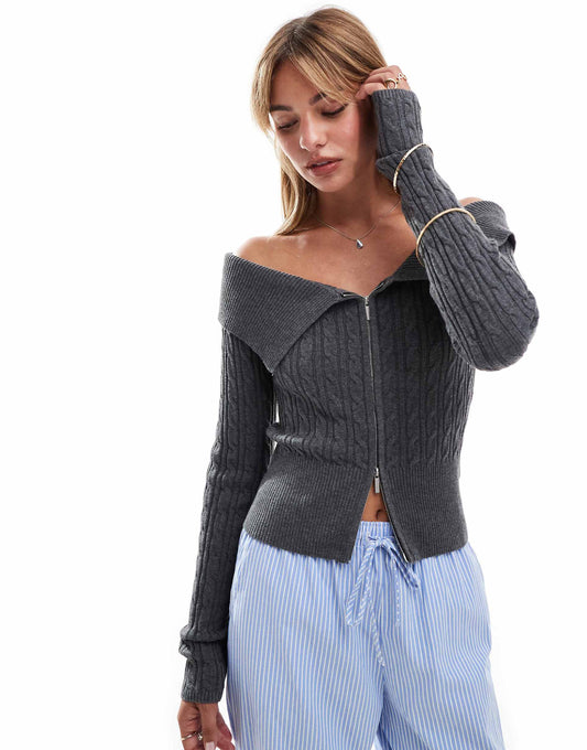 Bardot Zip Front Cable Knit Jumper