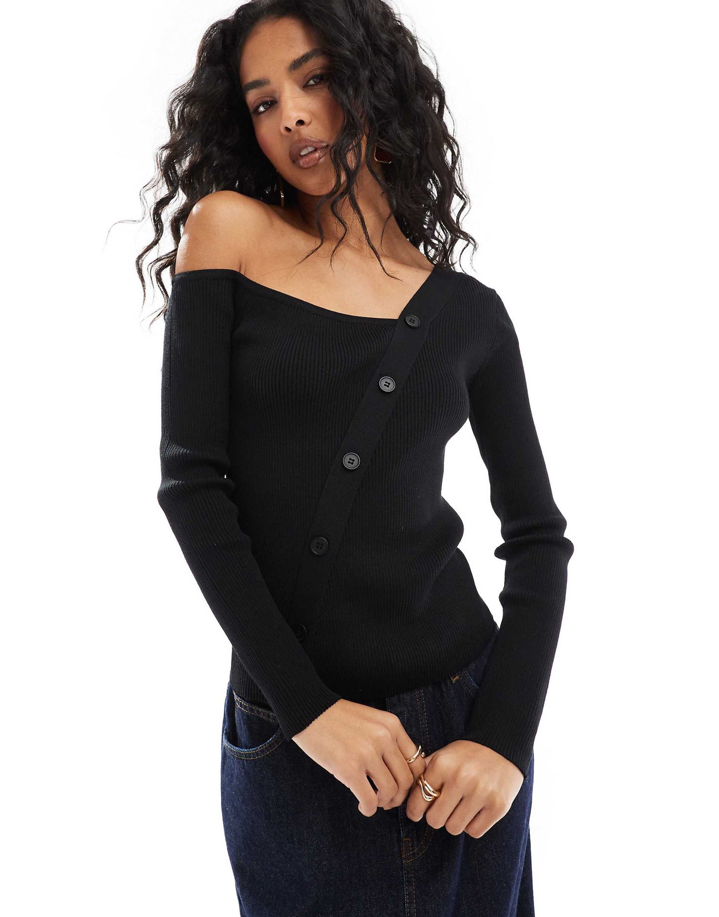 Asymmetric Bardot Button Through Sweater