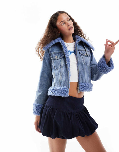 Faux Shearling Boxy Denim Jacket