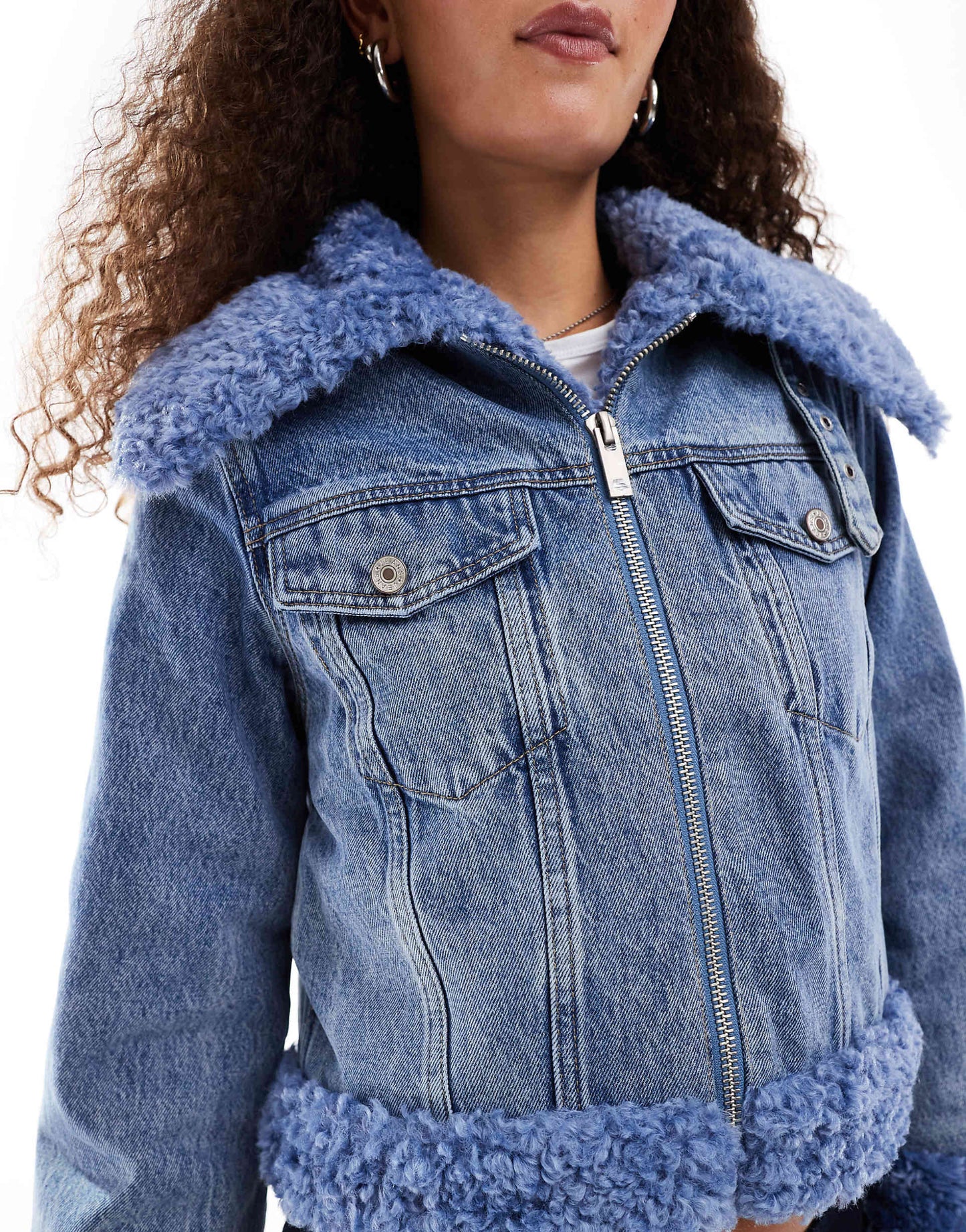 Faux Shearling Boxy Denim Jacket