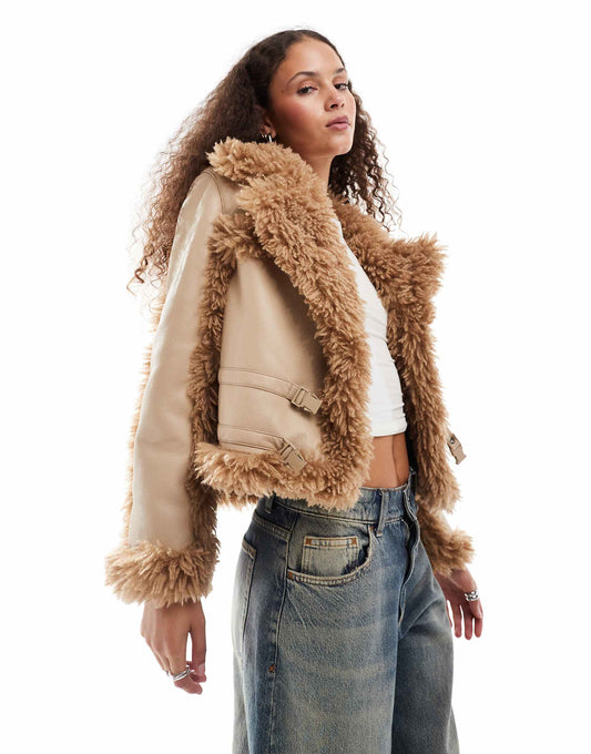 Faux Leather Jacket With Fur Trim