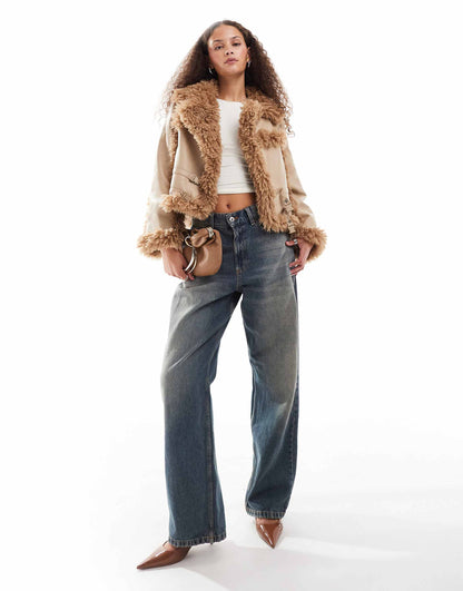 Faux Leather Jacket With Fur Trim