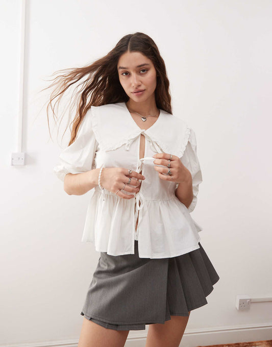 Long Sleeve Frill Collared Peplum Blouse