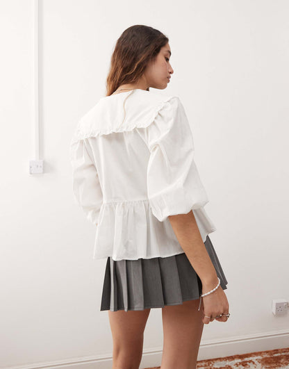 Long Sleeve Frill Collared Peplum Blouse